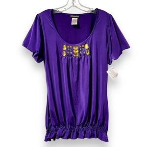 Y2K Fabulosity Purple Gem Embellished Short Sleeve Top Women’s Size XL NWT